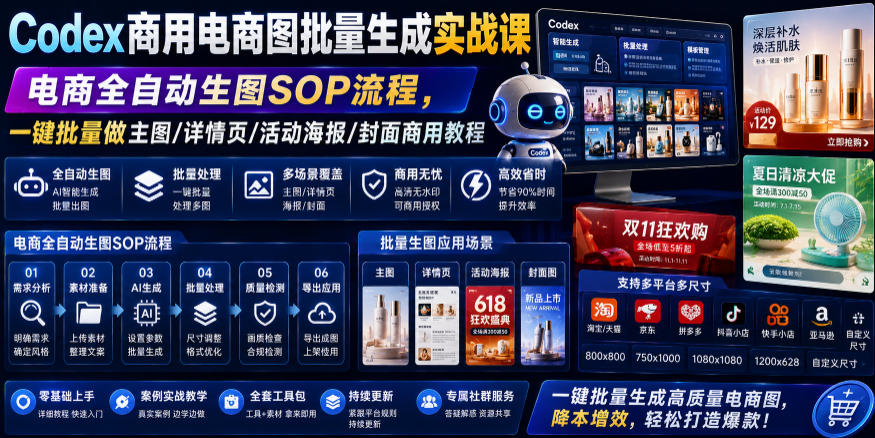 Codex商用电商图批量生成实战课|电商全自动生图SOP流程,一键批量做主图/详情页/活动海报/封面商用教程网创吧-网创项目资源站-副业项目-创业项目-搞钱项目网创吧