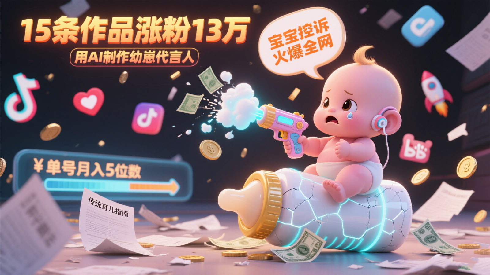 用AI制作幼崽代言人，宝宝的控诉火爆全网，15条作品涨粉13万，单号月入5位数实操教程网创吧-网创项目资源站-副业项目-创业项目-搞钱项目网创吧