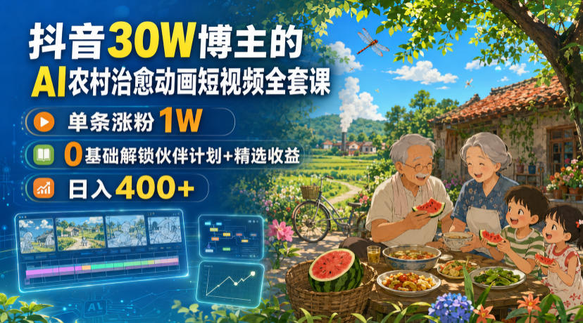 抖音30W博主的AI农村治愈动画短视频全套课|单条涨粉1W,0基础解锁伙伴计划+精选收益,日入400+网创吧-网创项目资源站-副业项目-创业项目-搞钱项目网创吧