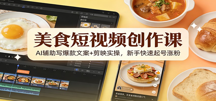 美食短视频创作课：AI辅助写爆款文案+剪映实操，新手快速起号涨粉网创吧-网创项目资源站-副业项目-创业项目-搞钱项目网创吧