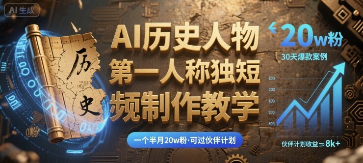 最新AI历史人物第一人称独白短视频制作教学,一个半月20w粉,可过伙伴计划网创吧-网创项目资源站-副业项目-创业项目-搞钱项目网创吧