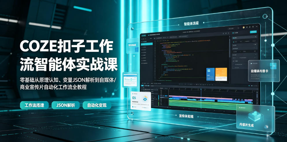 COZE扣子工作流智能体实战课｜零基础从原理认知、变量JSON解析到自媒体/商业宣传片自动化工作流全教程网创吧-网创项目资源站-副业项目-创业项目-搞钱项目网创吧