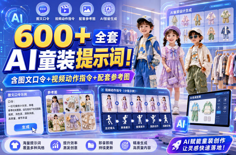 600+全套AI童装提示词!含图文口令+视频动作指令+配套参考图,Word-Excel规整分类,童装电商、种草无脑量产内容!网创吧-网创项目资源站-副业项目-创业项目-搞钱项目网创吧