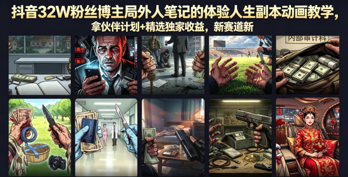 抖音32W粉丝博主局外人笔记的体验人生副本动画教学,拿伙伴计划+精选独家收益,新赛道新涨粉快【录制版】网创吧-网创项目资源站-副业项目-创业项目-搞钱项目网创吧