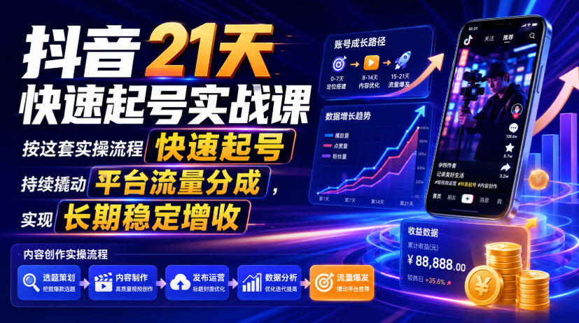 抖音21天快速起号实战课,按这套实操流程快速起号,持续撬动平台流量分成,实现长期稳定增收网创吧-网创项目资源站-副业项目-创业项目-搞钱项目网创吧