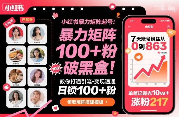 小红书暴力矩阵起号，教你打通引流-变现速通，日锁100+粉，破流量黑盒网创吧-网创项目资源站-副业项目-创业项目-搞钱项目网创吧