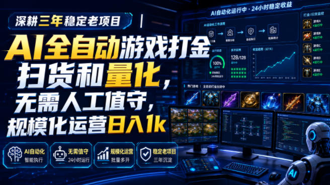 AI全自动游戏打金扫货和量化，规模化运营日入1k，深耕三年稳定老项目！网创吧-网创项目资源站-副业项目-创业项目-搞钱项目网创吧