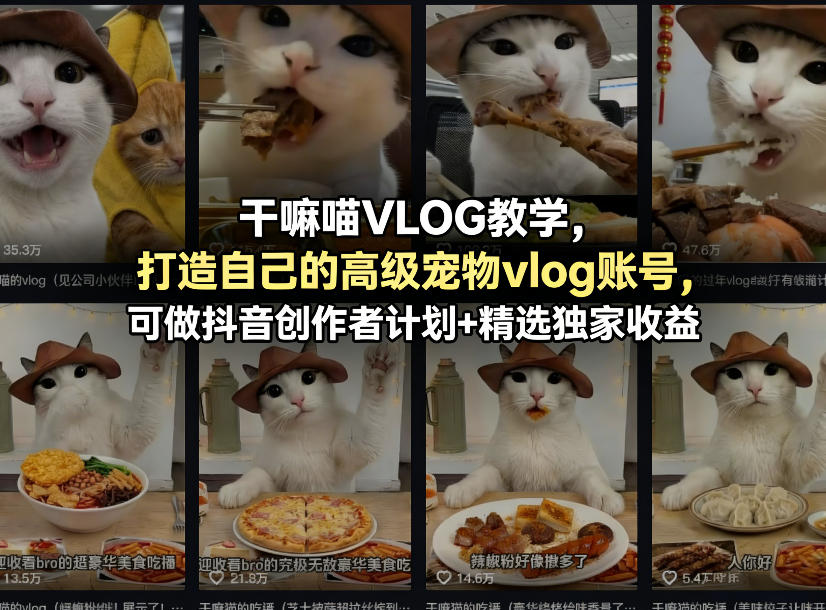干嘛喵VLOG教学,打造自己的高级宠物vlog账号,可做抖音创作者计划+精选独家收益网创吧-网创项目资源站-副业项目-创业项目-搞钱项目网创吧