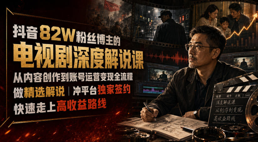 抖音82W粉丝博主的电视剧深度解说课,从内容创作到账号运营变现全流程,做精选解说,冲平台独家签约,快速走上高收益路线网创吧-网创项目资源站-副业项目-创业项目-搞钱项目网创吧