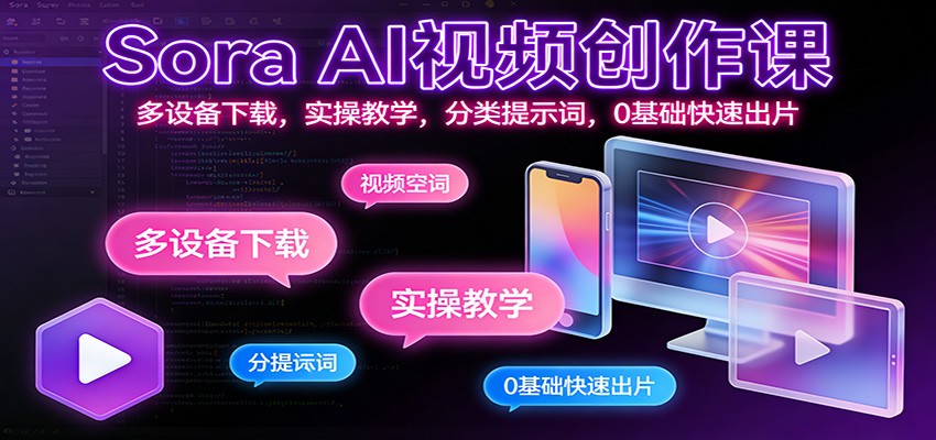 Sora AI视频创作课：多设备下载，实操教学，分类提示词，0基础快速出片网创吧-网创项目资源站-副业项目-创业项目-搞钱项目网创吧