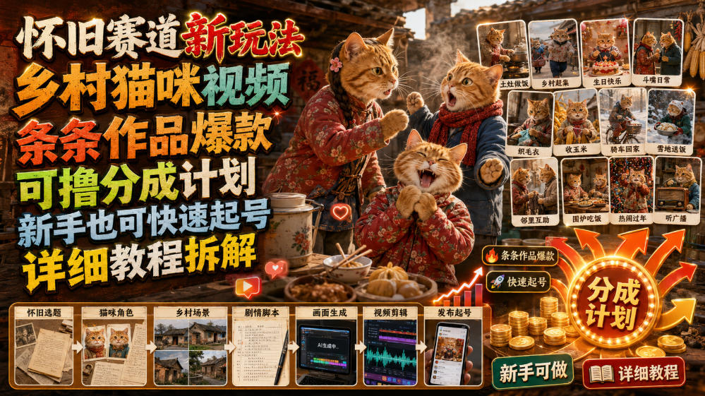 怀旧赛道新玩法，乡村猫咪视频，条条作品爆款，可撸分成计划，新手也可快速起号，详细教程拆解网创吧-网创项目资源站-副业项目-创业项目-搞钱项目网创吧