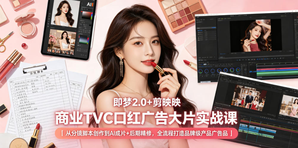 即梦2.0+剪映商业TVC口红广告大片实战课|从分镜脚本创作到AI成片+后期精修,全流程打造品牌级产品广告网创吧-网创项目资源站-副业项目-创业项目-搞钱项目网创吧
