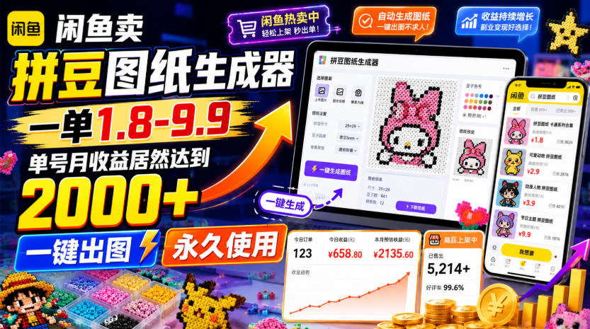 闲鱼卖拼豆图纸生成器,一单1.8-9.9,单号月收益居然达到2000+一键出图永久使用网创吧-网创项目资源站-副业项目-创业项目-搞钱项目网创吧