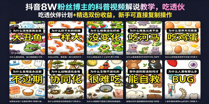 抖音8W粉丝博主的科普视频解说教学,吃透伙伴计划+精选双份收益,新手可直接复制操作网创吧-网创项目资源站-副业项目-创业项目-搞钱项目网创吧