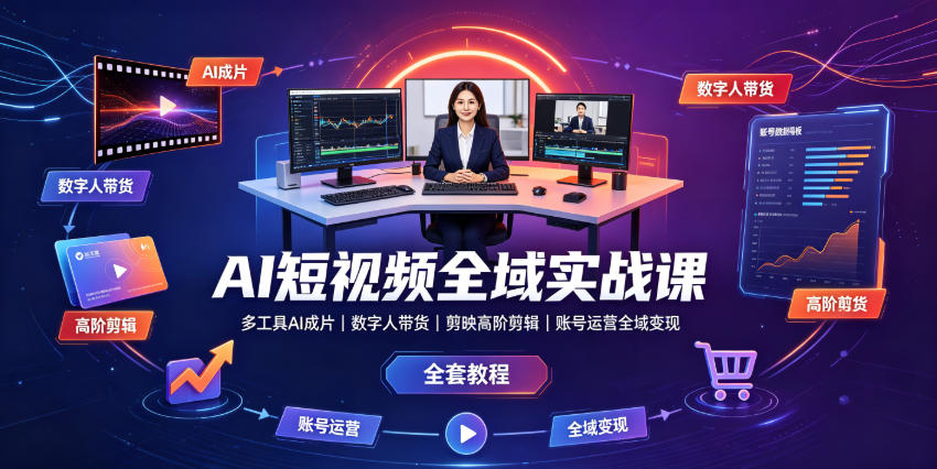 AI短视频全域实战课|多工具AI成片、数字人带货、剪映高阶剪辑、账号运营全域变现全套教程网创吧-网创项目资源站-副业项目-创业项目-搞钱项目网创吧