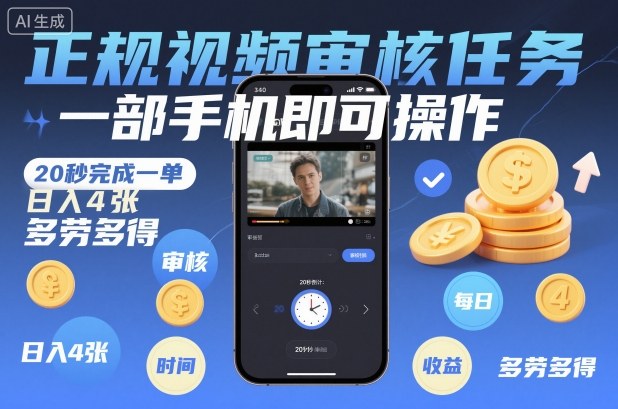 正规视频审核任务,一部手机即可操作,20秒完成一单,日入4张,多劳多得【揭秘】网创吧-网创项目资源站-副业项目-创业项目-搞钱项目网创吧