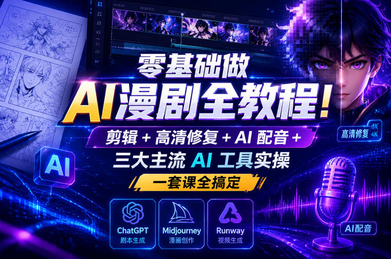 零基础做AI漫剧全教程!剪辑+高清修复+AI配音+三大主流AI工具实操,一套课全搞定网创吧-网创项目资源站-副业项目-创业项目-搞钱项目网创吧