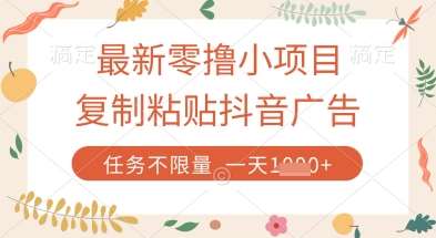 最新零撸小项目,复制粘贴抖音广告即可挣钱,平台大水,任务不限量,一天数张【揭秘】网创吧-网创项目资源站-副业项目-创业项目-搞钱项目网创吧