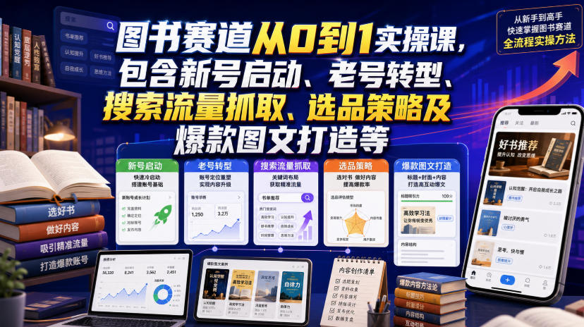 图书赛道从0到1实操课,包含新号启动、老号转型、搜索流量抓取、选品策略及爆款图文打造等网创吧-网创项目资源站-副业项目-创业项目-搞钱项目网创吧