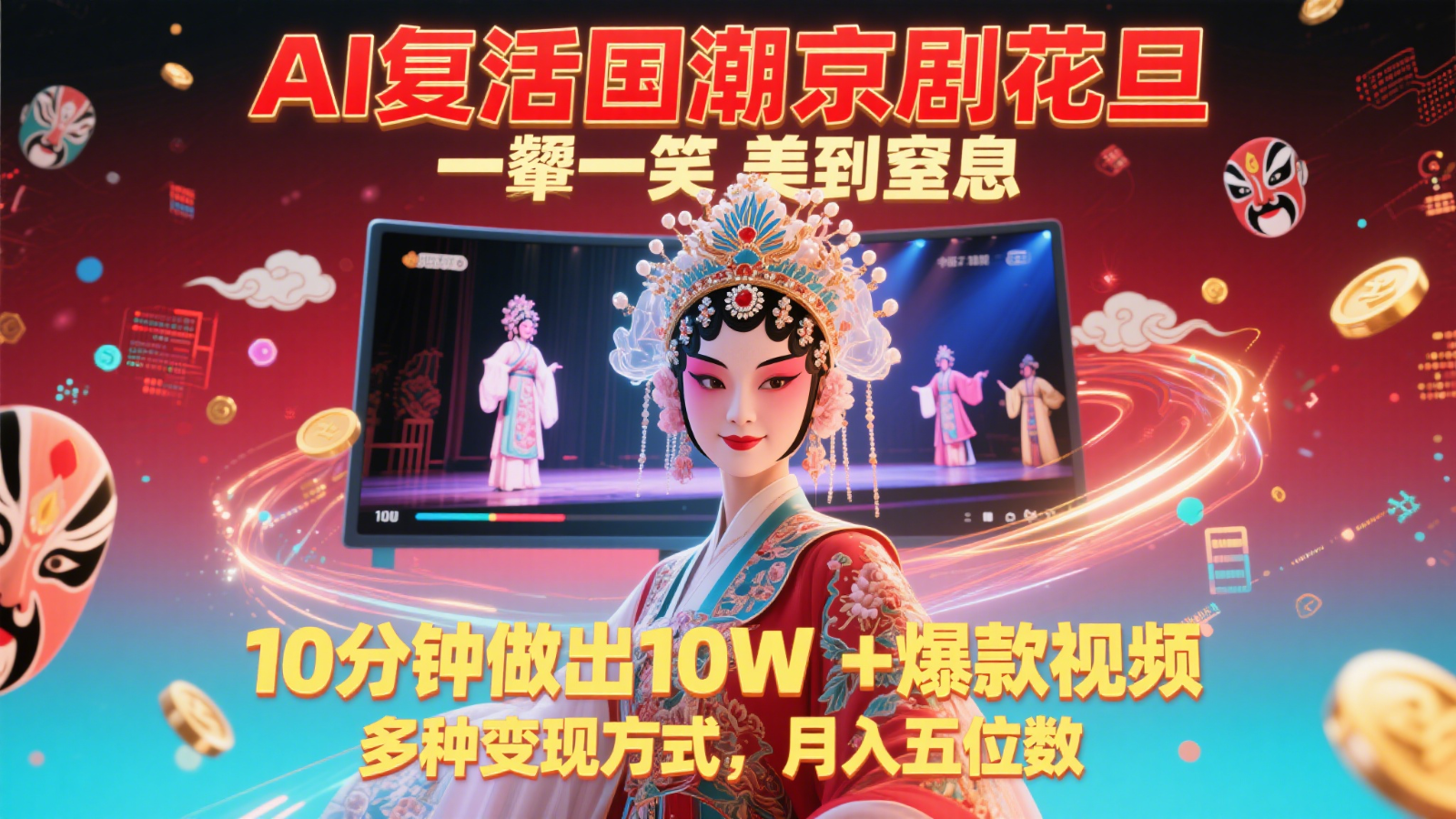 AI复活国潮京剧花旦，一颦一笑美到窒息，10分钟做出10W+爆款视频，多种变现方式网创吧-网创项目资源站-副业项目-创业项目-搞钱项目网创吧
