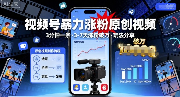 视频号暴力涨粉原创视频,3分钟一条原创视频,3-7天涨粉破万,玩法分享给你网创吧-网创项目资源站-副业项目-创业项目-搞钱项目网创吧
