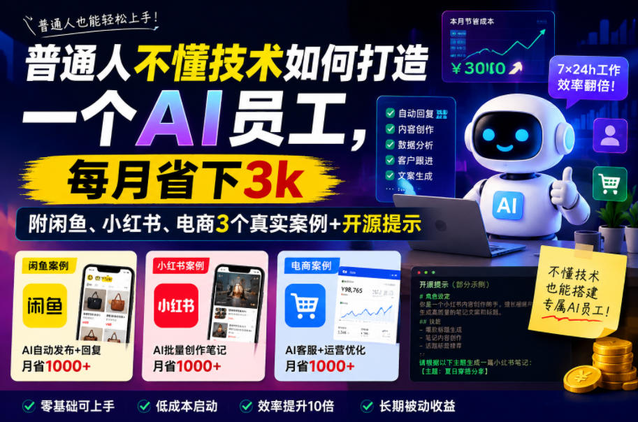 普通人不懂技术如何打造一个AI员工,每月省下3k,附闲鱼、小红书、电商3个真实案例+开源提示【文档】网创吧-网创项目资源站-副业项目-创业项目-搞钱项目网创吧