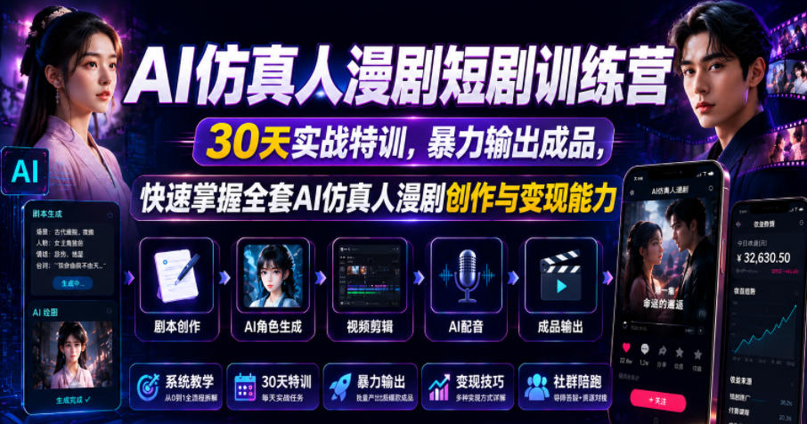 AI仿真人漫剧短剧训练营,30天实战特训,暴力输出成品,快速掌握全套AI仿真人漫剧创作与变现能力网创吧-网创项目资源站-副业项目-创业项目-搞钱项目网创吧