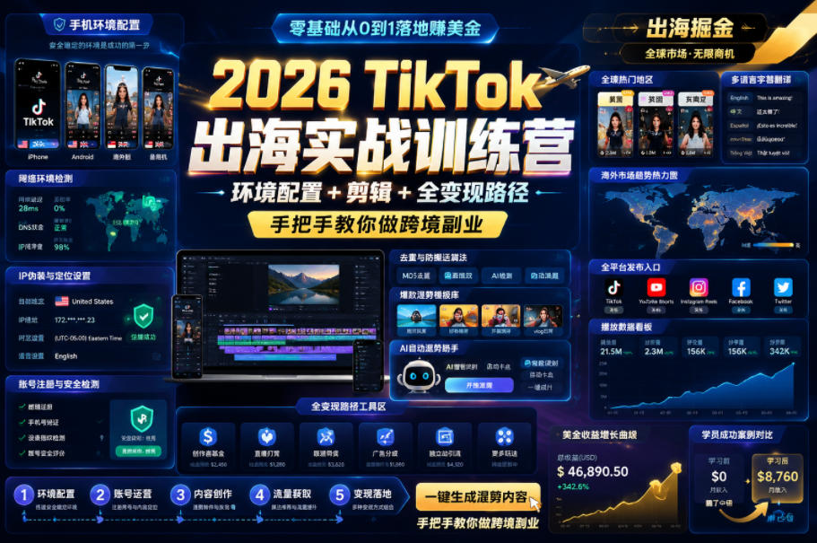 2026 TikTok出海实战训练营,环境配置 + 剪辑 + 全变现路径,手把手教你做跨境副业网创吧-网创项目资源站-副业项目-创业项目-搞钱项目网创吧