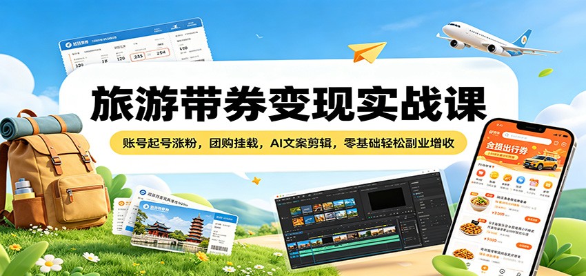 旅游带券变现实战课：账号起号涨粉，团购挂载，AI文案剪辑，零基础轻松副业增收网创吧-网创项目资源站-副业项目-创业项目-搞钱项目网创吧