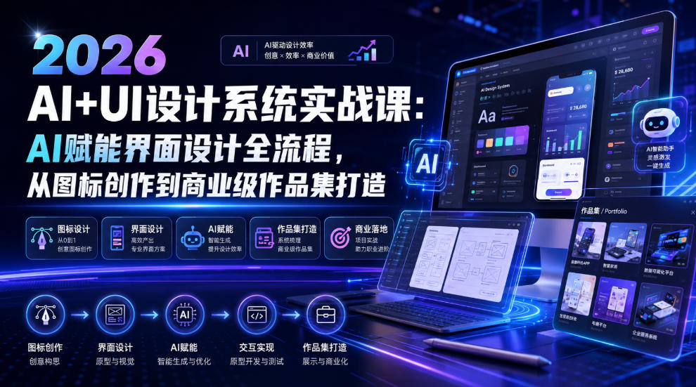 2026 AI+UI设计系统实战课:AI赋能界面设计全流程,从图标创作到商业级作品集打造网创吧-网创项目资源站-副业项目-创业项目-搞钱项目网创吧