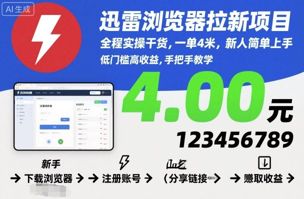 迅雷浏览器拉新项目,全程实操干货,一单4米,新人简单上手网创吧-网创项目资源站-副业项目-创业项目-搞钱项目网创吧