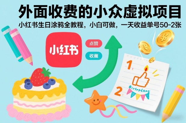 外面收费的小众虚拟项目,小红书生日涂鸦全教程,小白可做,一天收益单号50-2张网创吧-网创项目资源站-副业项目-创业项目-搞钱项目网创吧
