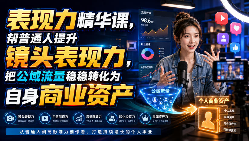 表现力精华课，帮普通人提升镜头表现力，把公域流量稳稳转化为自身商业资产网创吧-网创项目资源站-副业项目-创业项目-搞钱项目网创吧