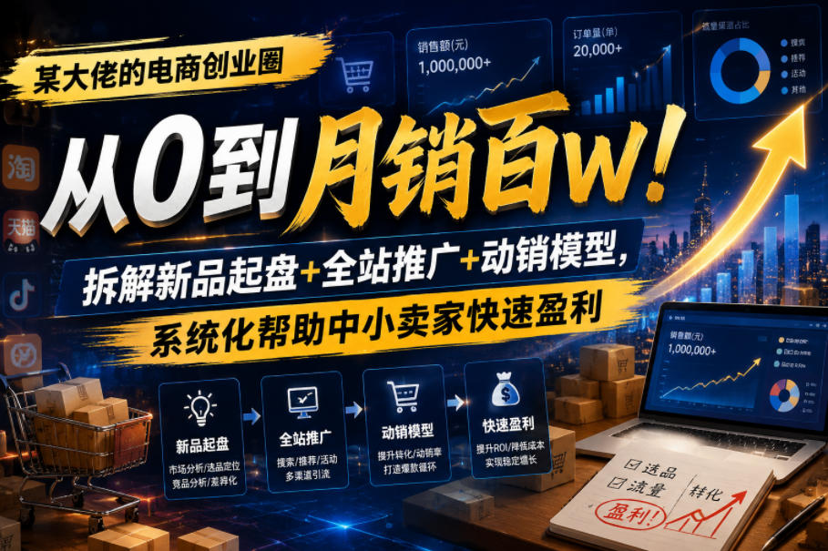 某大佬的电商创业圈从0到月销百W!拆解新品起盘+全站推广+动销模型,系统化帮助中小卖家快速盈利网创吧-网创项目资源站-副业项目-创业项目-搞钱项目网创吧