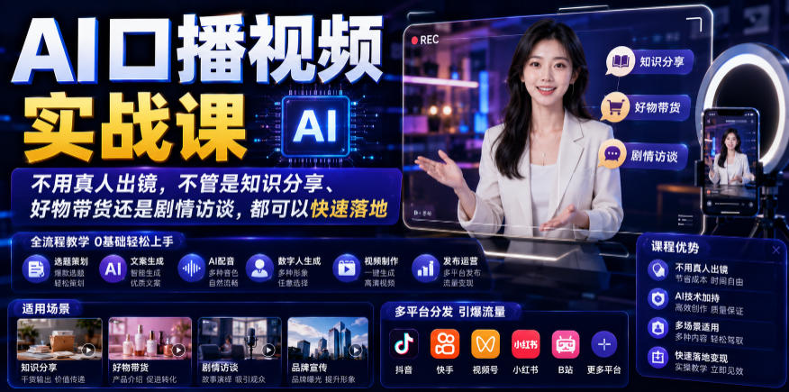 AI口播视频实战课，不用真人出镜，不管是知识分享、好物带货还是剧情访谈，都可以快速落地网创吧-网创项目资源站-副业项目-创业项目-搞钱项目网创吧