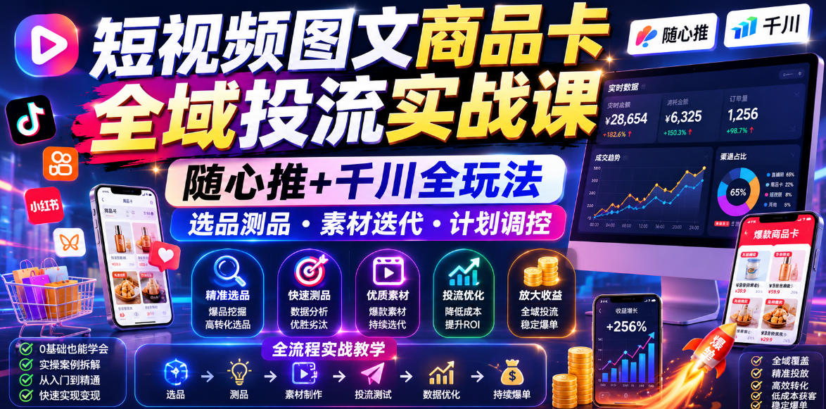短视频图文商品卡全域投流实战课,随心推+千川全玩法,选品测品・素材迭代・计划调控,提升ROI爆单增收教程网创吧-网创项目资源站-副业项目-创业项目-搞钱项目网创吧