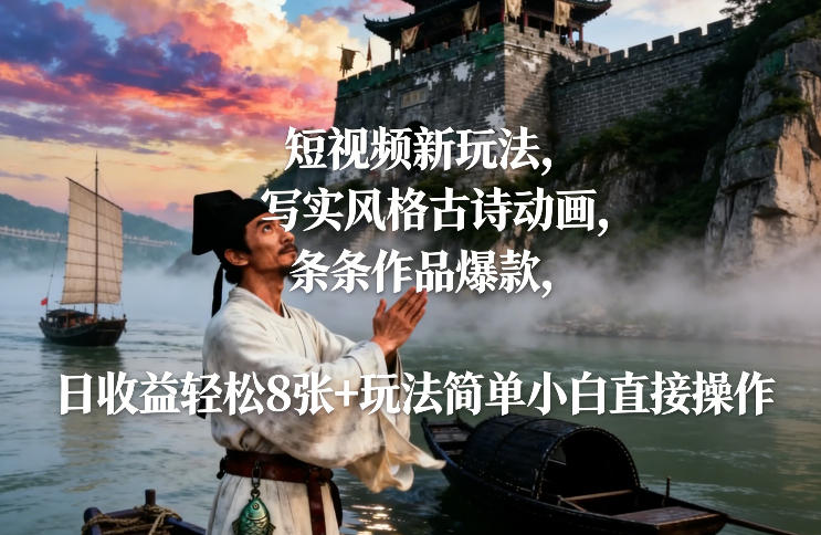 短视频新玩法,写实风格古诗动画,条条作品爆款,日收益轻松8张+玩法简单小白直接操作网创吧-网创项目资源站-副业项目-创业项目-搞钱项目网创吧