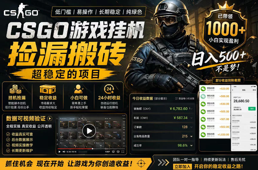 CSGO游戏搬砖,全自动挂G,不需要玩游戏,手机操作日入300+,解放双手【揭秘】网创吧-网创项目资源站-副业项目-创业项目-搞钱项目网创吧