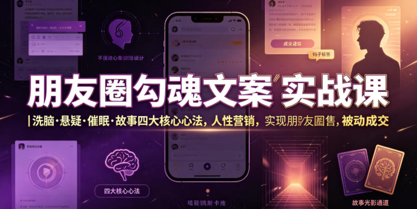 朋友圈勾魂文案实战课|洗脑·悬疑·催眠·故事四大核心心法,吃透人性营销,实现朋友圈不销而售被动成交网创吧-网创项目资源站-副业项目-创业项目-搞钱项目网创吧