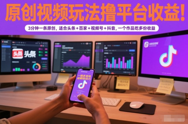 原创视频玩法撸平台收益,3分钟一条原创,适合头条+百家+视频号+抖音,一个作品吃多份收益网创吧-网创项目资源站-副业项目-创业项目-搞钱项目网创吧