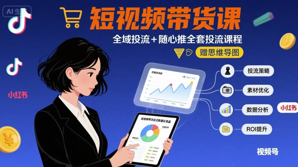 最新短视频带货课，全域投流+随心推全套投流课程+思维导图网创吧-网创项目资源站-副业项目-创业项目-搞钱项目网创吧