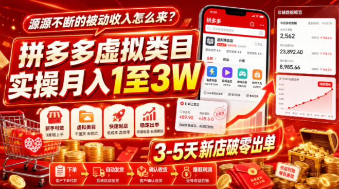 源源不断的被动收入怎么来?拼多多虚拟类目实操月入1至3W,3-5天新店破零出单网创吧-网创项目资源站-副业项目-创业项目-搞钱项目网创吧