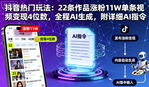 抖音热门玩法：22条作品涨粉11W单条视频变现4位数，全程AI生成，附详细AI指令网创吧-网创项目资源站-副业项目-创业项目-搞钱项目网创吧