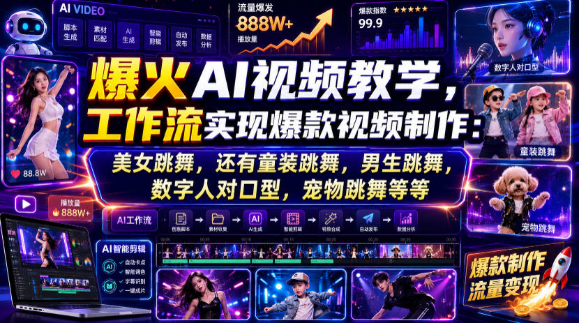 爆火AI视频教学,工作流实现爆款视频制作:美女跳舞,还有童装跳舞,男生跳舞,数字人对口型,宠物跳舞等等网创吧-网创项目资源站-副业项目-创业项目-搞钱项目网创吧