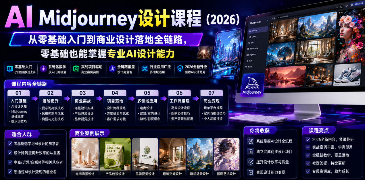 AI Midjourney设计课程(2026),从零基础入门到商业设计落地全链路,零基础也能掌握专业AI设计能力网创吧-网创项目资源站-副业项目-创业项目-搞钱项目网创吧