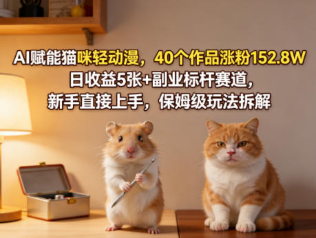 AI赋能猫咪轻动漫,40个作品涨粉152.8W,日收益5张+副业标杆赛道,新手直接上手,保姆级玩法拆解网创吧-网创项目资源站-副业项目-创业项目-搞钱项目网创吧