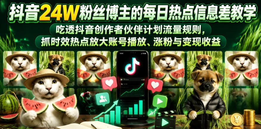 抖音24W粉丝博主的每日热点信息差教学,吃透创作者伙伴计划流量规则,抓时效热点放大账号播放、涨粉与变现收益网创吧-网创项目资源站-副业项目-创业项目-搞钱项目网创吧