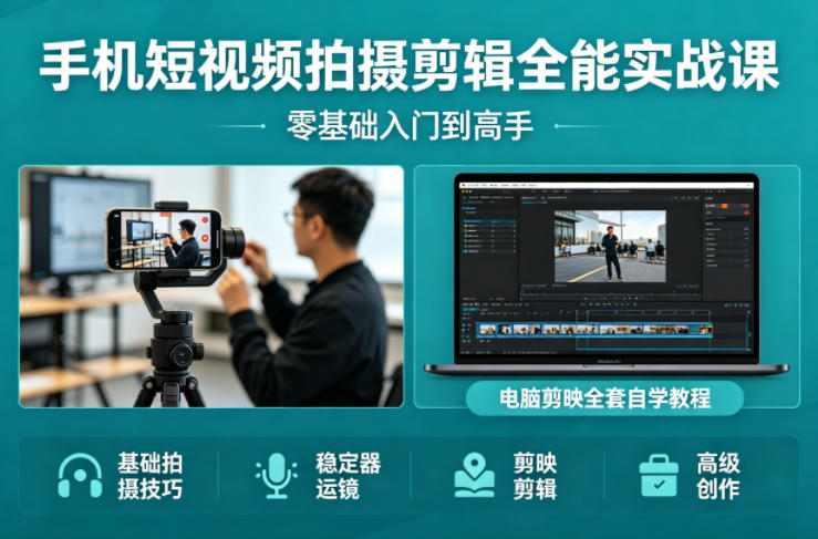 手机短视频拍摄剪辑全能实战课:零基础入门到高手,稳定器运镜+电脑剪映全套自学教程网创吧-网创项目资源站-副业项目-创业项目-搞钱项目网创吧