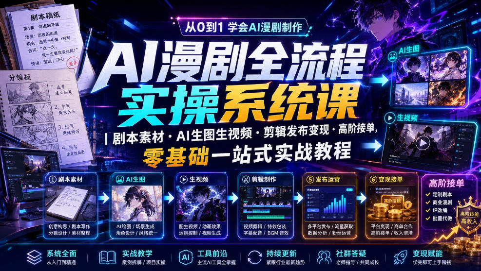 AI漫剧全流程实操系统课|剧本素材・AI生图生视频・剪辑发布变现・高阶接单,零基础一站式实战教程网创吧-网创项目资源站-副业项目-创业项目-搞钱项目网创吧