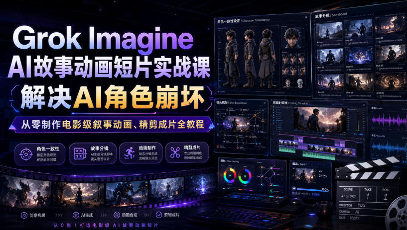 Grok Imagine AI故事动画短片实战课|解决AI角色崩坏,从零制作电影级叙事动画、精剪成片全教程(中英字幕)网创吧-网创项目资源站-副业项目-创业项目-搞钱项目网创吧